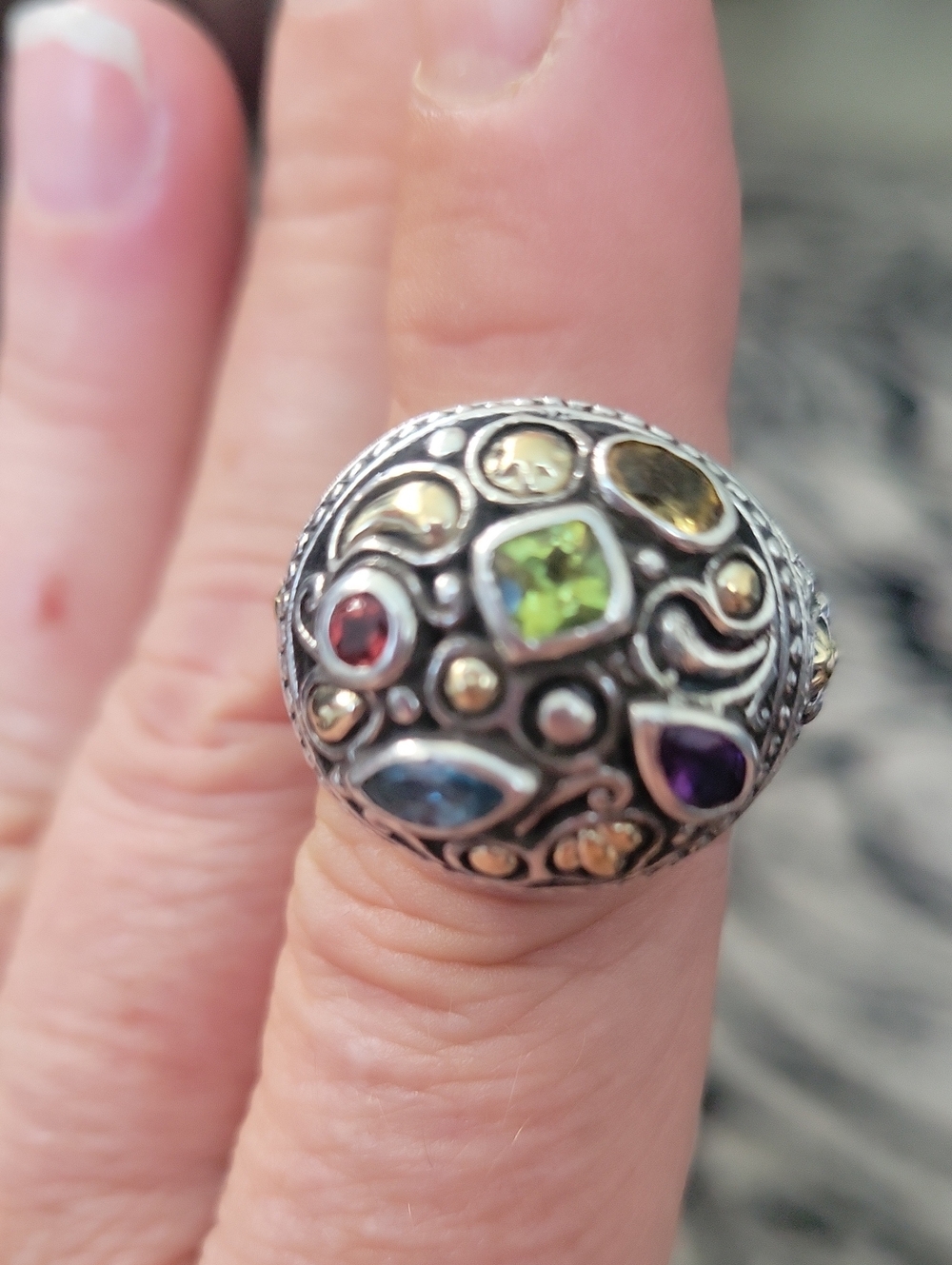 🔥Vintage Samuel Benham Sterling Silver 18 K gold W/Real Gemstones Cocktail Ring